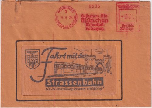 DR - München 9.9.38 8 Pfg. AFS Ortsbrief Fensterkuvert m. Straßenbahn-Abb.