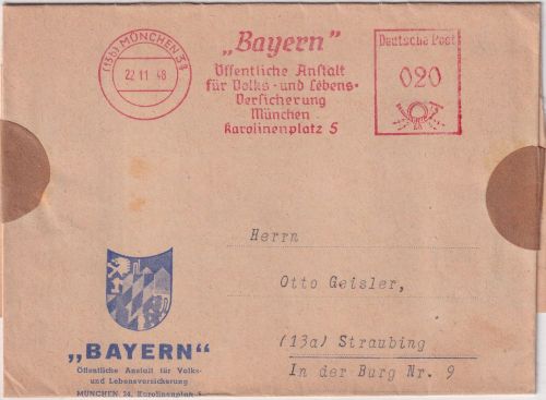 Bizone - München 34 22.11.48 20 Pfg. AFS "Bayern Versicherung" Faltbrief