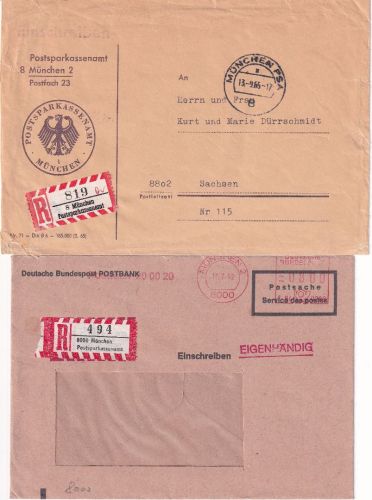 BRD - München Postsparkassenamt 1965/1992 2 Einschreibebriefe