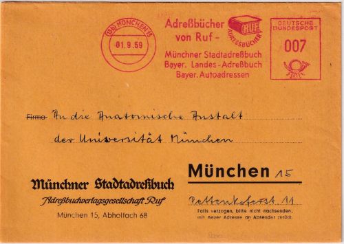 BRD - München 15 1.9.59 7 Pfg. AFS "Stadtadressbuch" Ortsdrucksache