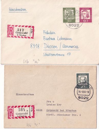 BRD - Grünwald Ub "a"/"c" 2 Einschreibebriefe n. Diessen 1964