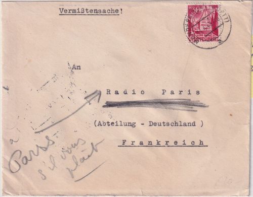 FZ/Württ. - 30 Pfg. 2. Ausgabe Brief/Vermisstensache n. FRANKREICH 1949