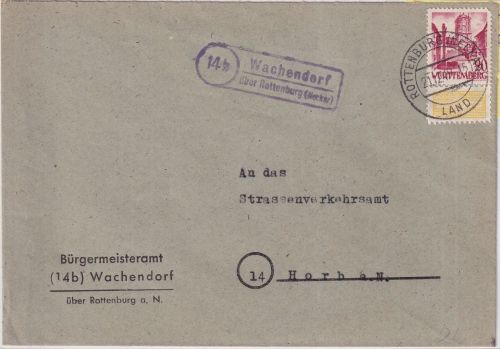FZ/Württ. - (14b) Wachendorf ü. Rottenburg Landpost-Ra2 Brief + WoBa 21.12.49