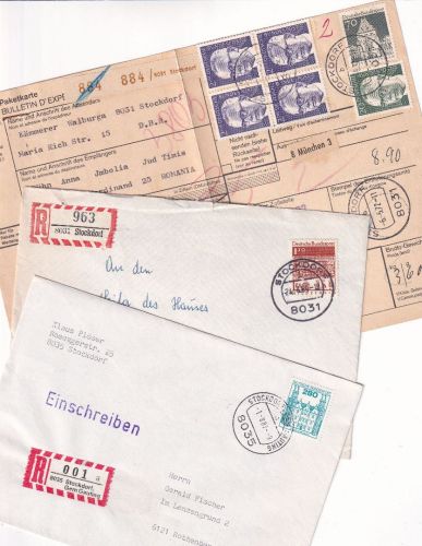 BRD - Stockdorf 1969/87 2 Einschreibebriefe + Paketkarte n. RUMÄNIEN