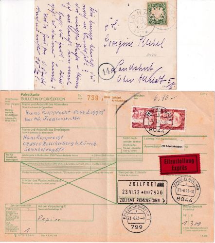 Bayern/BRD - Lohof Postkarte 1910 + Eilbotenpaketkarte i.d. SCHWEIZ 1972