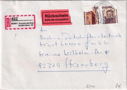 BRD - 500+300 SWK Einschreibebrief/Rückschein Garmisch-Partenkirchen 14.10.94