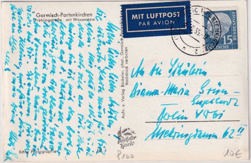 BRD - 15 Pfg. Heuss I Luftpostkarte Garmisch-Partenkirchen - Berlin 3.8.55