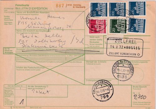 BRD - 4x100+20+30 Pfg. Brandenburger Tor Paketkarte i.d. SCHWEIZ Söcking 1972