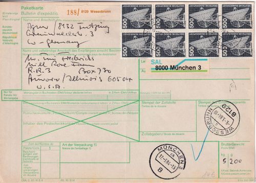 BRD - 10x500 Pfg. I&T u.a. Paketkarte i.d. USA Wessobrunn - Aurora 1984