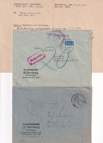 Bizone/BRD - Starnberg 1948/1951 2 portopfl. Dienstbriefe m. Nachporto
