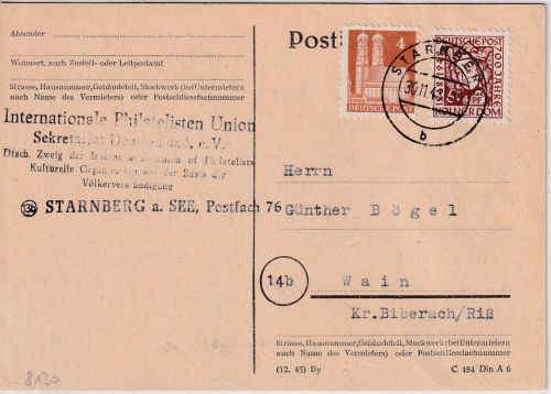 Bizone - 6 Pfg. Kölner Dom u.a. Karte Starnberg - Wain 1948