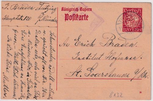 Bayern - 10 Pfg. Hupp Ganzsache Tutzing - St. Goarhausen Rheinlandbesetzung 1919