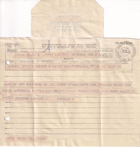 Italien - Telegramm aus Dietramszell über München n. Lignano-Sabbiadoro 28.8.69