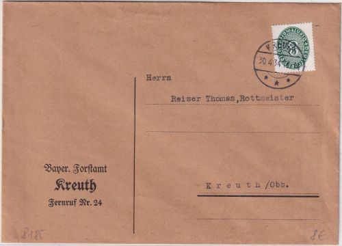 DR - 8 Pfg. Strohhut Ortsdienstbrief (Forstamt) Kreuth 30.4.34 - ohne Inhalt