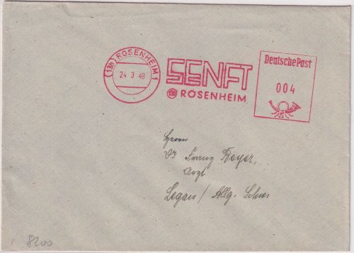 Bizone - Rosenheim 24.3.49 4 Pfg. AFS "Senft" Drucksache n. Legau