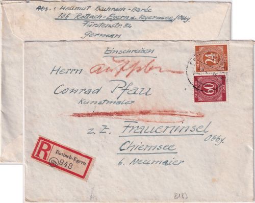 All.Bes. - 60+24 Pfg. Ziffer Einschreibebrief Rottach-Egern - Prien 5.6.46