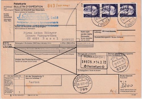 BRD - 3x2 DM Heinemann Paketkarte i.d. SCHWEIZ Piding - basel 9.3.72
