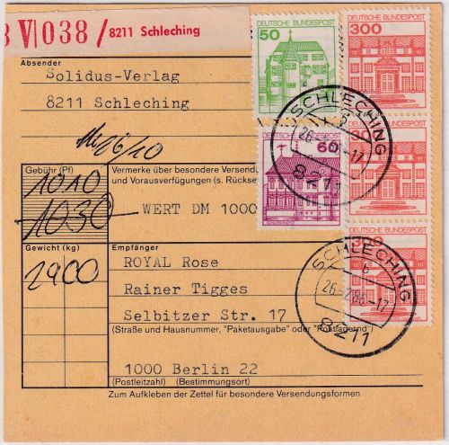 BRD - 3x300+50+60 Pfg. Burgen & Schlösser Wertpaketkarte Schleching 26.2.86