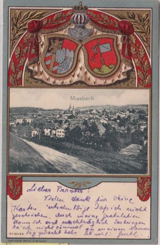 Bayern - Miesbach farb. Wappen-Passepartout-AK gelaufen 1905
