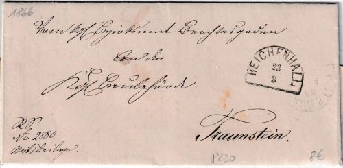 Bayern - Reichenhall 23/3 HKS Dienstbrief n. Traunstein 1866 - mit Inhalt