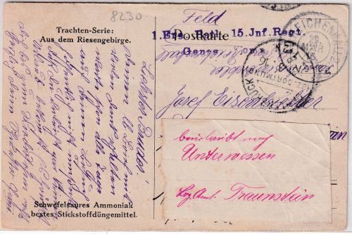 Bayern - Bad Reichenhall 29. MÄR 15 Feldpostkarte n. Dahlerbrück (KOS)