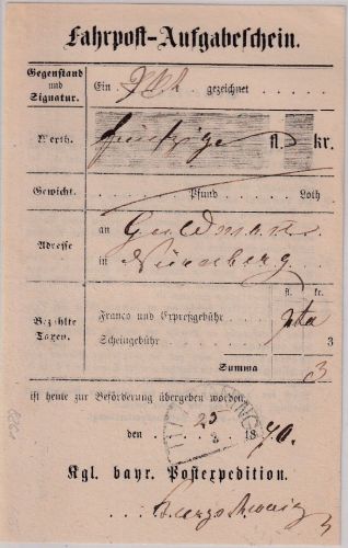 Bayern - Tittmoning 25/3 HKS (handschr. Tagesangabe) Fahrpost-Aufgabeschein 1870