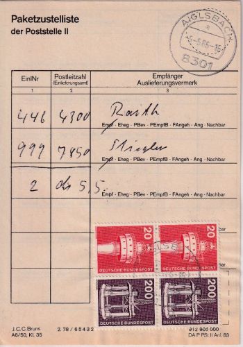 BRD - 2x200+2x20 Pfg. I&T Paketzustellliste Poststelle II Aiglsbach 1986