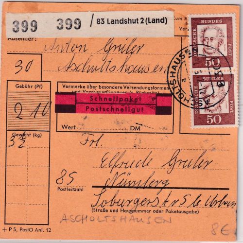 BRD - 4x50+10 Pfg. Bed. Deutsche Schnellpaketkarte Ascholtshausen 1965