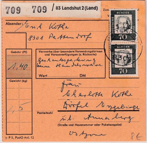 BRD - 2x70 Pfg. Bed. Deutsche Paketkarte i.d. DDR Pattendorf - Dörfel 1965