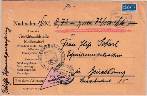 BRD - Mallersdorf 1952 Nachnahme-Frei d. Ablösung (nur Notopfer) n. Geiselhöring