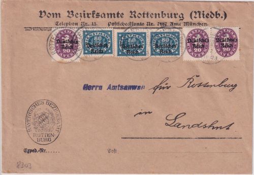 DR-Infla - 3x80+3x20 Pfg. By-Dienst-Abschied/DR Dienstbrief Rottenburg a/L. 1922