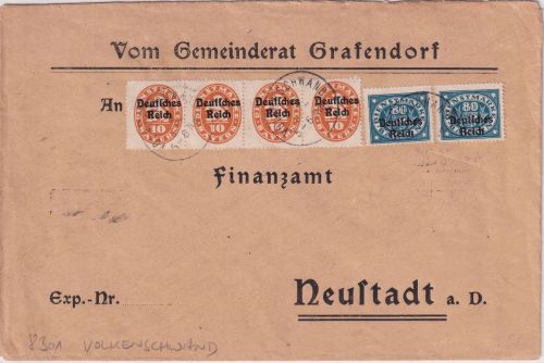 DR-Infla - 2x80+4x10 Pfg. By-Dienst-Abschied/DR Dienstbrief Volkenschwand (1922)