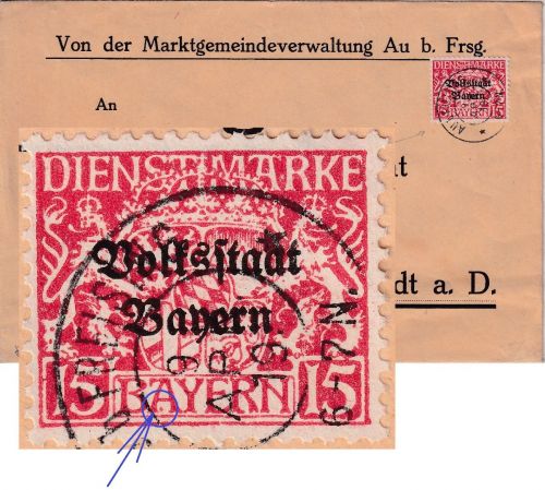 Bayern - 15 Pfg. Staatswappen/Volksstaat Dienstbrief Au b. Freising 9. APR 19