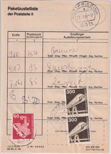 BRD - 2x300+60 Pfg. I&T Paketzustellliste Poststelle II Gottfrieding 1988