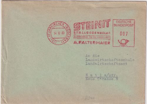 BRD - Pfarrkichen 1960 7 Pfg. AFS "Steinit Stallbodenbelag" Drucksache n. Naila