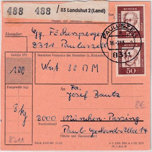 BRD - 2x50 Pfg. Bed. Deutsche Wertpaketkarte Pauluszell - München 1965