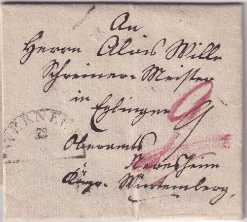 Bayern/Württemberg - Werneck 23/12 HKS Portobrief n. Eglingen OA Neresheim 1855