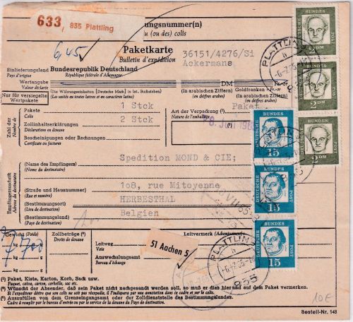 BRD - 3x2 DM + 3x15 Pfg. Bed. Deutsche Paketkarte n. BELGIEN Plattling 6.7.65