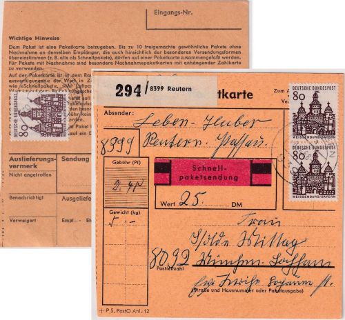 BRD - 3x80 Pfg. kl. Bauwerke Schnellpaketkarte Reutern - Lochham 8.4.68