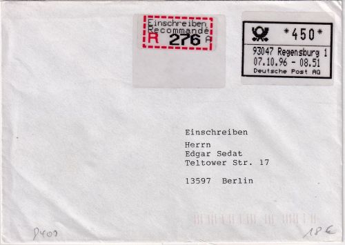 BRD - ABAS Versuch 450 Pfg. Einschreibebrief Regensburg 1 - Berlin 7.10.96