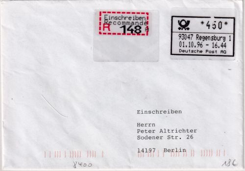 BRD - ABAS Versuch 450 Pfg. Einschreibebrief Regensburg 1 - Berlin 1.10.96