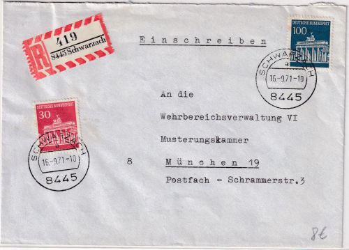 BRD - 100+30 Pfg. Brandenburger Tor Einschreibebrief Schwarzach München 16.9.71