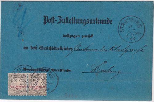 Bayern - 2x10 Pfg. Wappen/Porto Zustellurkunde Straubing 11. JUN 88