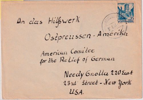 FZ/Württemberg - 75 Pfg. 1. Ausgabe Brief n. USA Hayingen - New York 3.9.47