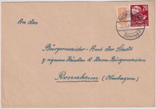 FZ/Württemberg - 20 Pfg. 75 J. UPU + WoBa Brief Friedrichshafen - Rosenheim 1949