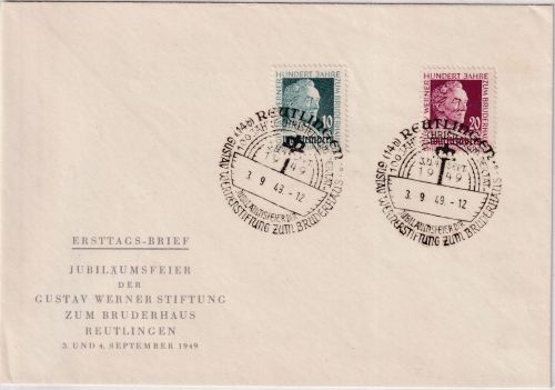 FZ/Württemberg - 10+20 Pfg. G.Werner Stiftung Brief/FDC m. ESST Reutlingen 1949