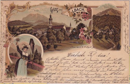 Bayern - Elbach Ortsansicht Tracht etc. Mehrbild-Farblitho gelaufen 1898