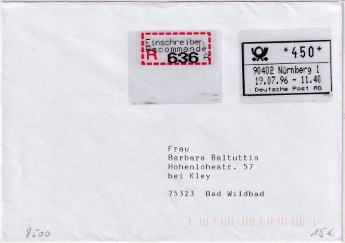 BRD - ABAS Versuch 450 Pfg. Einschreibebrief Nürnberg 1 - Berlin 19.7.96