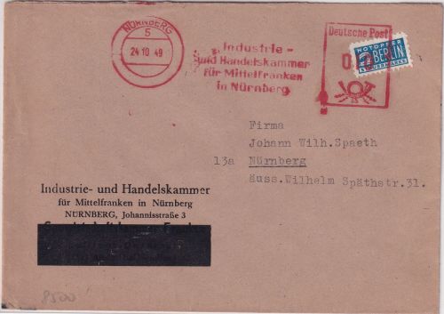 Bizone - Nürnberg 5 24.10.49 10 Pfg. AFS "IHK Mittelfranken" + NO Ortsbrief
