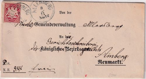 Bayern - 10 Pfg. Wappen "weite Welle" K1 Allersberg 8/11 Brief n. Amberg